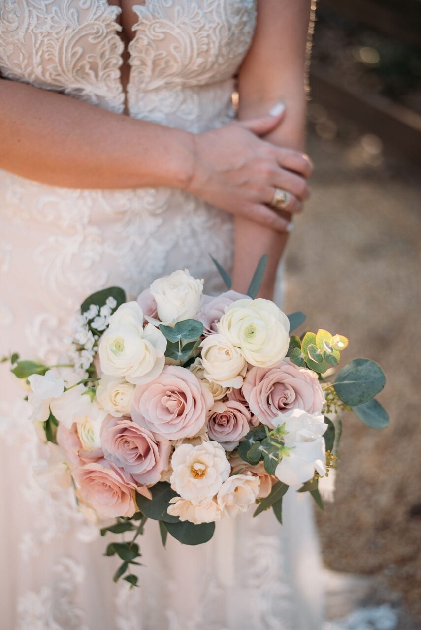 Blush and white bridal bouquet floral design for a wedding